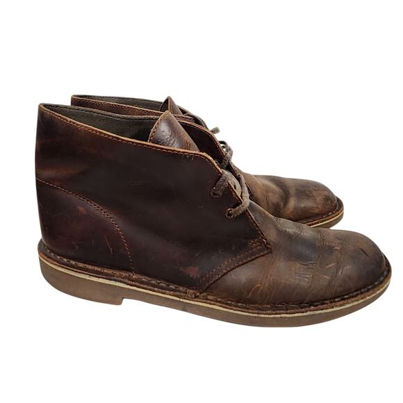 CLARKS MENS LEATHER CHUKKA BOOTS BUSHACRE 2 BEESWAX BROWN LACE-UP SZ 9.5 BOHO - Picture 1 of 9